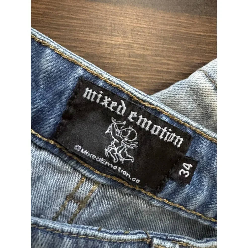 Mixed Emotion “Worker” Jeans Patchwork Graphic Light Wash Streetwear Denim 34/35